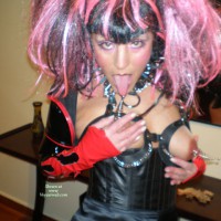 Pink Hair Goth Girl Licking Wire Nipple Jewelry - Black Hair, Large Aerolas