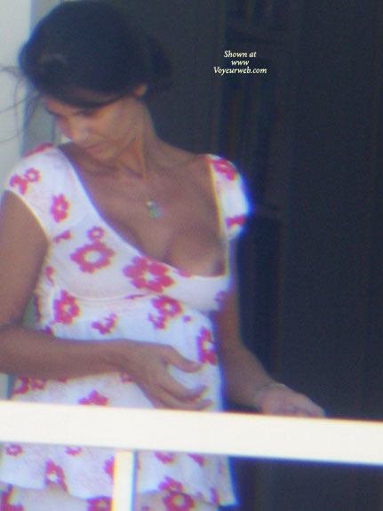 Oops Nipple Slip - Brunette Hair , Peek-a-boob, Nipple Slip, White Pink Cap Sleeve Scoopneck Sundress, White Dress With Red Flowers, Popping Out, Peek-a-boo, Nipple Flash, Curly Hair