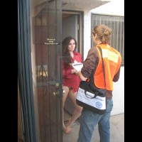 Bottomless Girl At Door - Bottomless, Brown Hair, Dark Hair, Long Hair, Nude In Public, Naked Girl, Nude Amateur