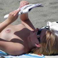 Pierced Nipple Voyeured At Topless Beach - Sunglasses, Topless Beach, Topless, Beach Tits, Beach Voyeur