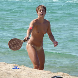Nude In The Beach With A Racket - Big Tits, Erect Nipples, Nipples, Nude Beach, Nude Outdoors, Perfect Tits, Short Hair, Water, Beach Tits, Beach Voyeur, Sexy Legs