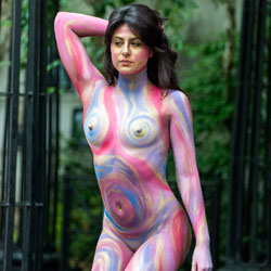 Pic #9 Body Painting In A NY Park - Public Place, Outdoors, Public Exhibitionist, Brunette, Shaved, Medium Tits