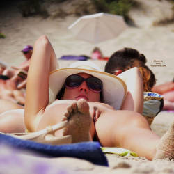 Pic #7 Waiting For The Sun - Big Tits, Brunette, Beach Voyeur, Outdoors, Shaved