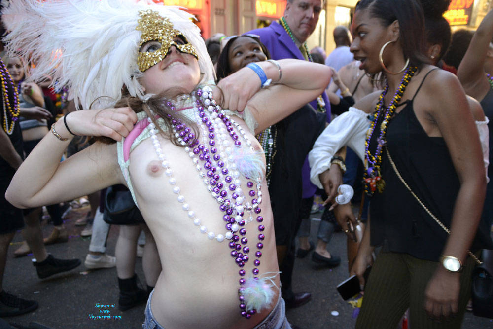 Mardi Gras Naked Celebration - Exposed In Public, Firm Tits, Flashing Tits, Flashing, Hard Nipple, Nude In Public, Showing Tits, Small Tits, Topless Girl, Sexy Body, Sexy Girl, Costume , Naked In Public, Small Tits, Hard Nipples, Necklaces, Mask