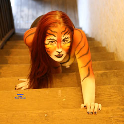 Tiger On The Stairs - Artistic Nude, Indoors, Nipples, Showing Tits, Small Breasts, Small Tits, Hot Girl, Sexy Face, Sexy Girl, Costume