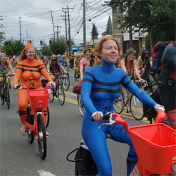 Naked Bike Riders - Nude Girls, Big Tits, Brunette, Outdoors, Public Place, Costume