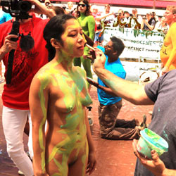 Body Painting Times Square Part 1 - Brunette Hair, Hairy Bush, Navel Piercing, Nude In Public, Nude Outdoors, Naked Girl