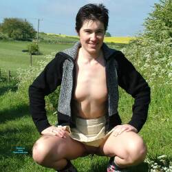 Pic #9 Hiking With A Difference - Brunette, Outdoors, Shaved, Amateur, Medium Tits, Body Piercings, Pantieless Girls