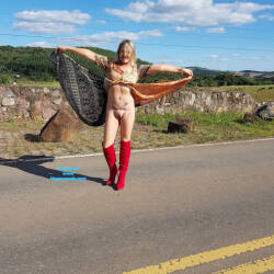 Pic #1 Naked On The Road - Big Tits, Blonde, Public Exhibitionist, Outdoors, Amateur