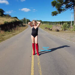 Pic #4 Naked On The Road - Big Tits, Blonde, Public Exhibitionist, Outdoors, Amateur