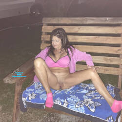 Pic #3 Camping fun  - Brunette, Legs Spread Wide Open, Outdoors, Pussy, Shaved, Pantieless Wives, Wife/wives
