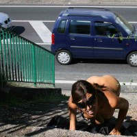 Nude Girl In Public Beside Street - Brunette Hair, Flashing, Nude In Public, Naked Girl, Nude Amateur