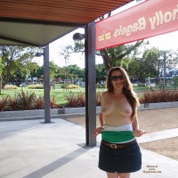 Lowering Her Top In Public - Exhibitionist, Flashing, Long Hair, Milf, Nude In Public, Sunglasses, Topless, Naked Girl, Nude Amateur