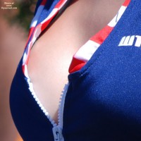 Patriotic Cleavage In A Zippered Blue Top With Red And White Trim - Firm Tits