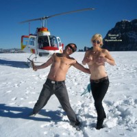 Topless Man And Woman With Helicopter - Blonde Hair, Sunglasses, Topless